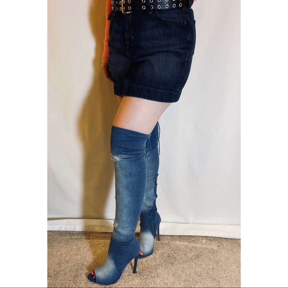 Thigh High Distressed Denim Stiletto Boots